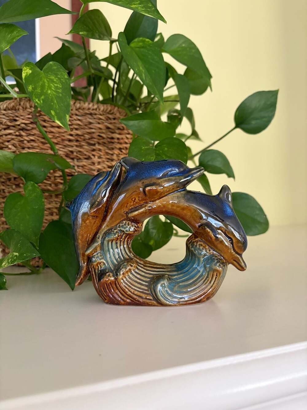 Vintage Ceramic Dolphin Figurine Blue And Brown Glaze